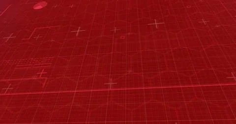 Image of data processing with red lines and hexagons on red background Stock Photos