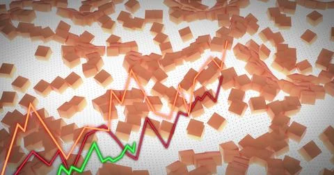 Image of data processing with red, orange and green lines over orange blocks 스톡 일러스트