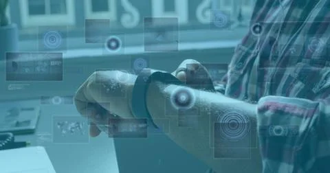 Image of data processing with scope scaning over caucasian businessman using Stock Photos