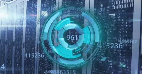 Image of data processing with scope scanning over server room Stock Illustration