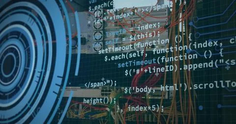 Image of data processing with scope scanning over computer servers Stock Illustration