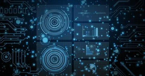 Image of data processing with scope scanning and spots on black background 写真素材