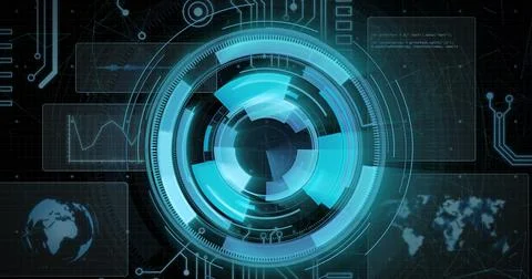 Image of data processing with scope scanning on black background 写真素材