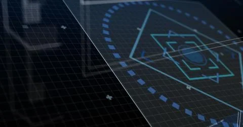 Image of data processing with scope scanning on blue background 写真素材