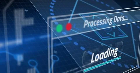Image of data processing with scope scanning on blue background Foto stock