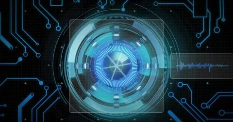 Image of data processing with scope scanning on black background 写真素材