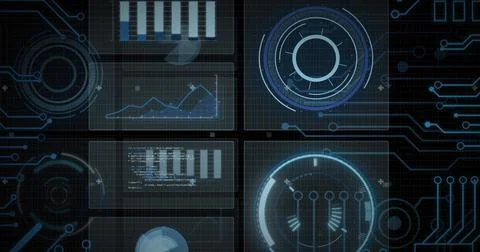 Image of data processing with scope scanning on black background 写真素材