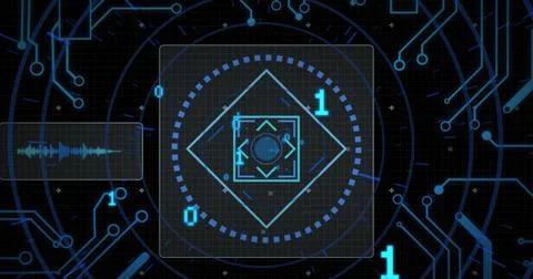Image of data processing with scope scanning on black background 写真素材