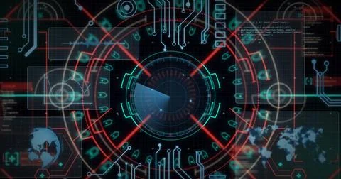 Image of data processing with scope scanning on black background Foto stock