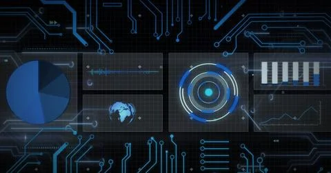 Image of data processing with scope scanning on black background 写真素材