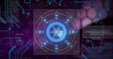 Image of data processing with scope scanning on black background Stockfoto's