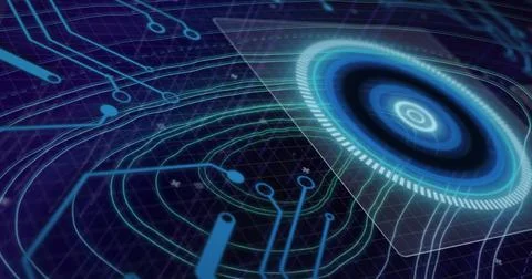 Image of data processing with scope scanning and lines on black background 写真素材