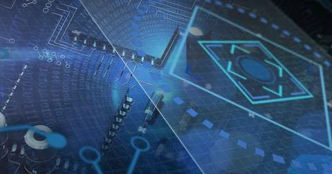 Image of data processing with scope scanning over computer circuit board on 库存照片