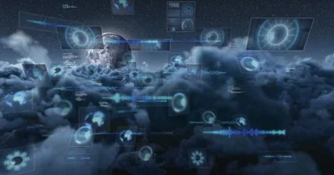 Image of data processing with scope scanning over sky with moon and clouds Stock Photos