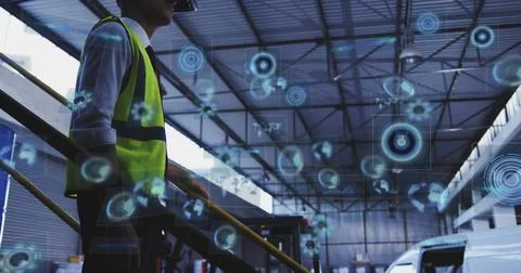 Image of data processing with scope scanning over african american male worker Stock Photos