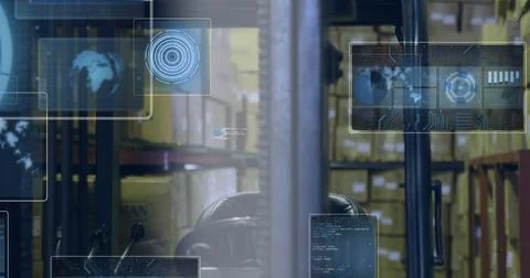 Image of data processing with scope scanning over warehouse Foto stock