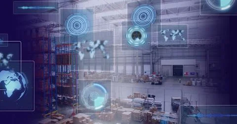 Image of data processing with scope scanning over warehouse Stock Photos