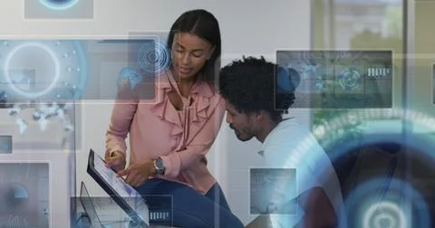 Image of data processing with scope scanning over diverse business people Foto stock