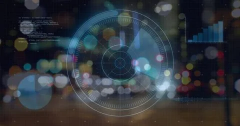 Image of data processing with scope scanning over city lights Foto stock