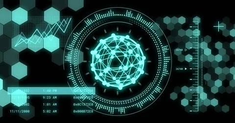 Image of data processing with scope scanning and globe of connections on bl.. 写真素材