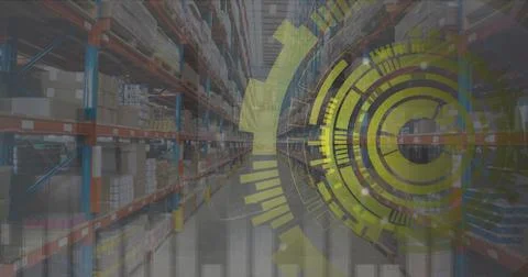 Image of data processing with scope scanning over warehouse Foto stock