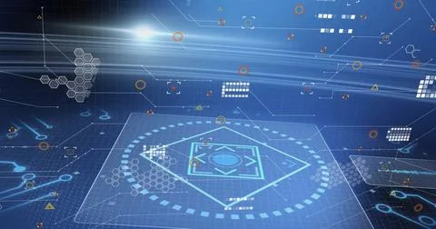 Image of data processing with scope scanning on black background 스톡 사진