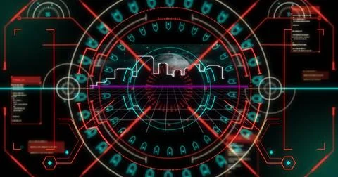 Image of data processing with scope scanning over cityscape and globe on black Foto stock