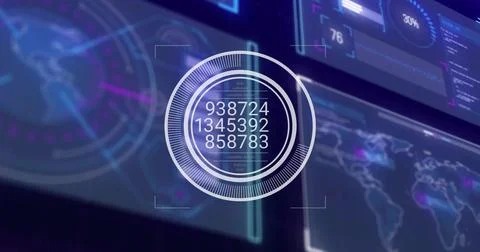 Image of data processing with scope scanning on black background Foto stock