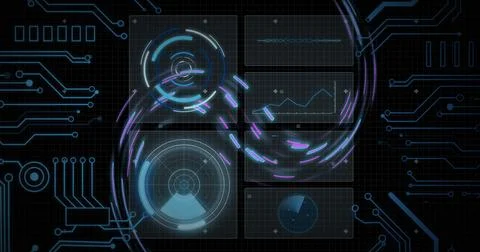 Image of data processing with scope scanning over moving lines on black Stock Photos