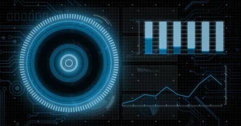 Image of data processing with scope scanning on black background Foto stock