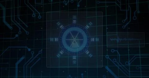 Image of data processing with scope scanning on black background 写真素材