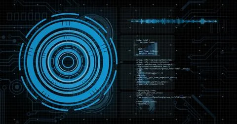 Image of data processing with scope scanning on black background 스톡 사진