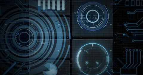 Image of data processing with scope scanning on black background 스톡 사진