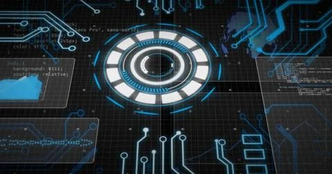 Image of data processing with scope scanning on black background Foto stock