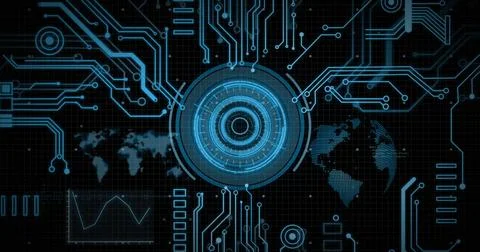 Image of data processing with scope scanning on black background Foto stock