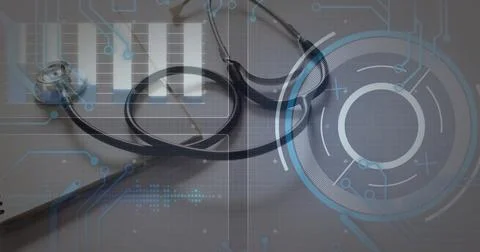 Image of data processing with scope scanning over stethoscope on grey background Stockfoto's