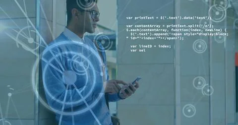 Image of data processing, scope scanning over man using smartphone Stock Photos