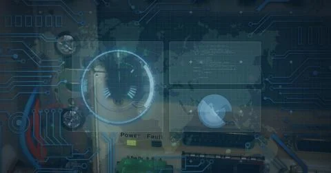Image of data processing with scope scanning and world map over server room Stock Photos