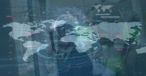 Image of data processing with scope scanning and world map over diverse business Stock Photos