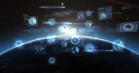 Image of data processing on screen and scopes scanning over planet earth Stockillustratie