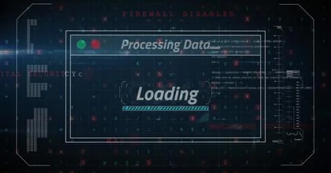 Image of data processing on screen over cyber attack warning Illustrazione stock