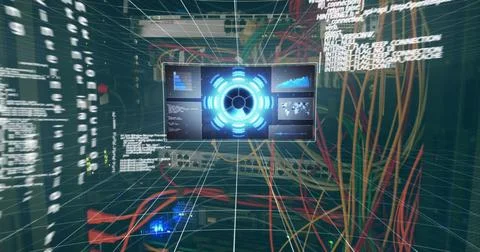 Image of data processing on screen over computer wires 스톡 일러스트