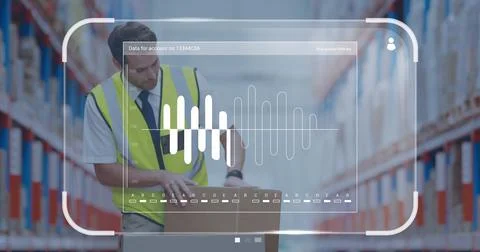 Image of data processing on screen over caucasian man working in warehouse Stock Photos