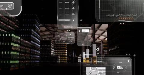 Image of data processing on screen over warehouse 写真素材