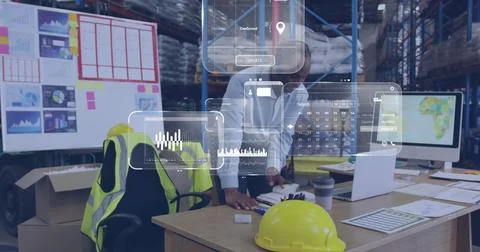 Image of data processing on screen over biracial man working in warehouse Foto stock