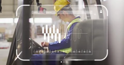 Image of data processing on screen over asian man working in warehouse Stock Photos