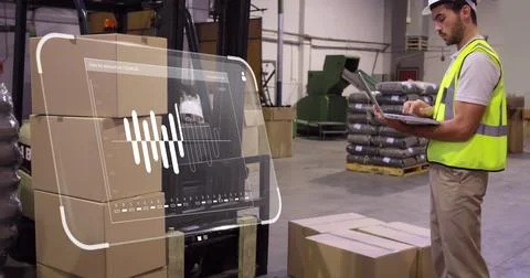 Image of data processing on screen over caucasian man working in warehouse Stock Photos
