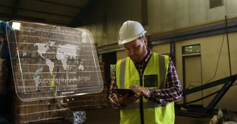 Image of data processing on screen over caucasian man working in warehouse Stock Photos