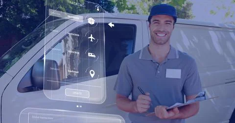 Image of data processing on screen over caucasian delivery man by van Foto stock