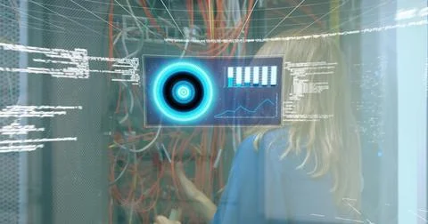 Image of data processing on screen over computer wires 스톡 사진